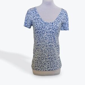 Caslon Womens Blue White Floral Scoop Neck Short Sleeve Pocket Tee Shirt Size M